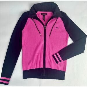 Lauren Ralph Lauren LRL Size Small Pink Black Cotton Knit Mesh Zip Track Jacket